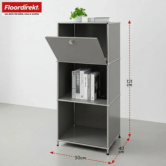 Floordirekt Metallregal Concept Epure MK-107 - 50 x 40 x 121 cm Grau - H x B x T: 121 x 50 x 40 cm, Anzahl Böden: 4 Stk., Schrauben, Grau - Graues Regalsystem mit drei Fächern, einem offenen und einer Klappe, Maße sind sichtbar.