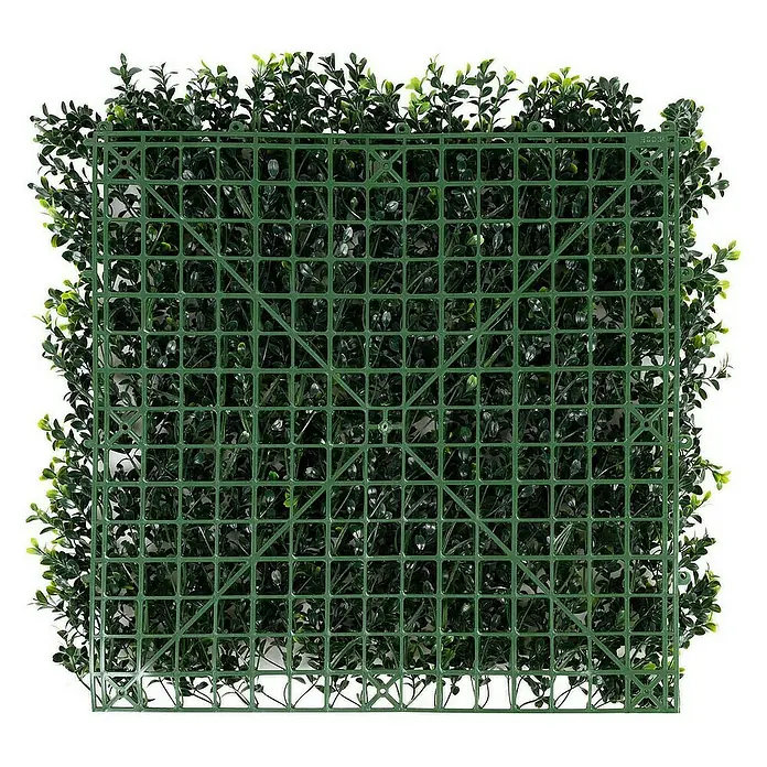 Floordirekt Kunstpflanze Pflanzenwand Boxwood 50 x 50 cm - Blütenfarbe: Grün, Kunststoff - Nahaufnahme einer quadratischen, künstlichen Buchsbaumhecke mit einem grünen Kunststoffgitter auf der Rückseite.