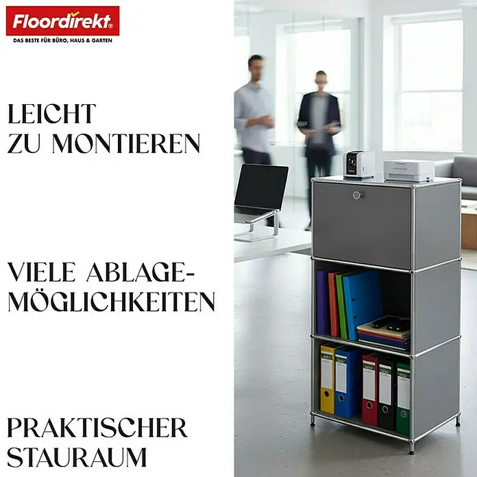 Floordirekt Metallregal Concept Epure MK-107 - 50 x 40 x 121 cm Grau - H x B x T: 121 x 50 x 40 cm, Anzahl Böden: 4 Stk., Schrauben, Grau - Graues USM Haller Regal mit Akten und Büroartikeln.