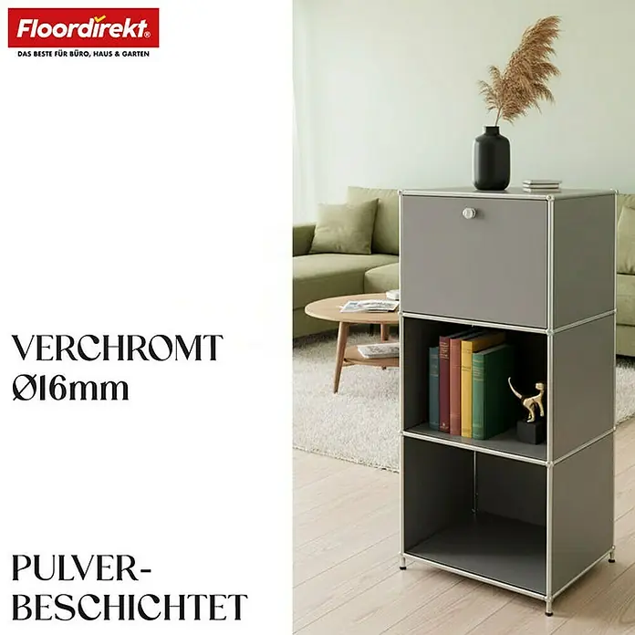 Floordirekt Metallregal Concept Epure MK-107 - 50 x 40 x 121 cm Grau - H x B x T: 121 x 50 x 40 cm, Anzahl Böden: 4 Stk., Schrauben, Grau - Modernes graues Regalsystem mit Fächern und Schublade im Wohnzimmer.