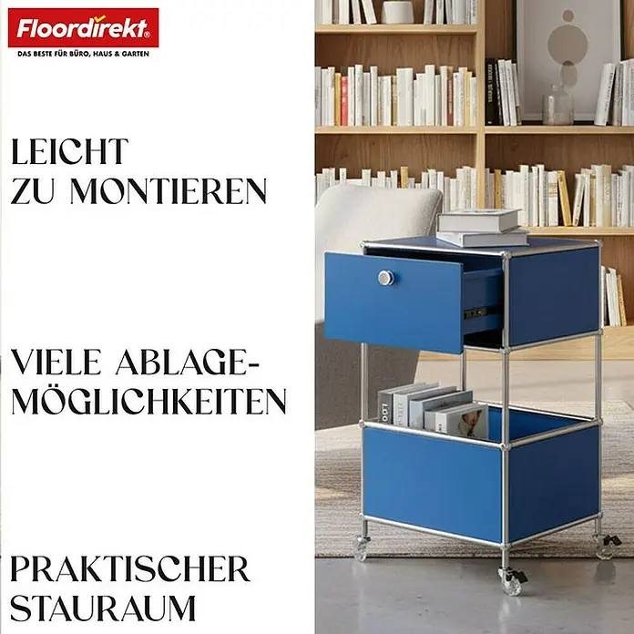 Floordirekt Metallregal Concept Epure MK-145 - 40 x 40 x 69 cm Blau - H x B x T: 69 x 40 x 40 cm, Anzahl Böden: 3 Stk., Schrauben, Blau - Abbildung eines blauen, modularen Aufbewahrungswagens mit einem Schubladenelement und viel Stauraum.