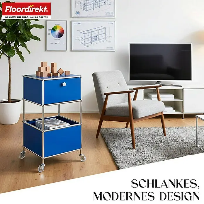 Floordirekt Metallregal Concept Epure MK-145 - 40 x 40 x 69 cm Blau - H x B x T: 69 x 40 x 40 cm, Anzahl Böden: 3 Stk., Schrauben, Blau - Stilvolles, blaues USM Haller Sideboard mit zwei Etagen und Rollen, perfekt für Büro und Wohnzimmer. Das Möbelstück bietet praktischen Stauraum und modernes Design.