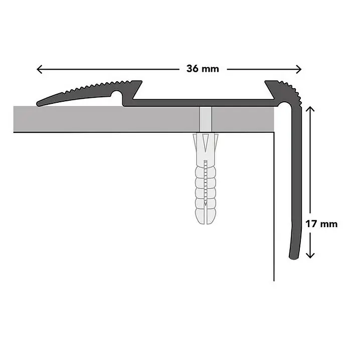 Floordirekt Treppenkantenprofil Glory 100 cm Silber - Aluminium, Silber, Eloxiert - Illustration eines Treppenkantenprofils mit einer Breite von 36 mm und einer Höhe von 17 mm, inklusive Befestigungsdetails.