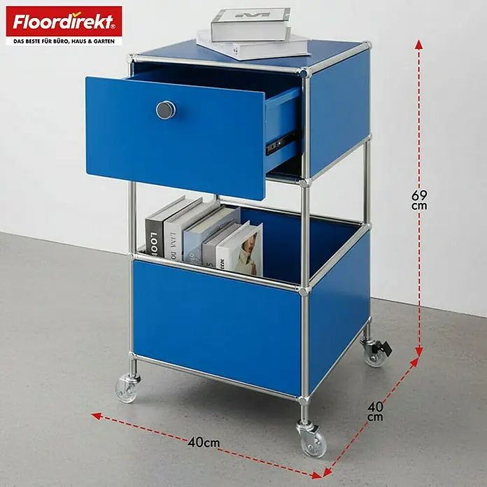 Floordirekt Metallregal Concept Epure MK-145 - 40 x 40 x 69 cm Blau - H x B x T: 69 x 40 x 40 cm, Anzahl Böden: 3 Stk., Schrauben, Blau - Bild eines blauen Rollcontainers mit Schublade und zwei offenen Fächern. Die Maße sind angegeben: 69 cm hoch, 40 cm breit und tief.