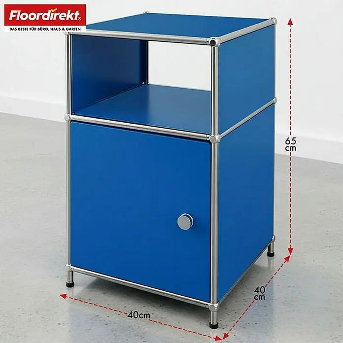 Floordirekt Metallregal Concept Epure MK-040 - 40 x 40 x 65 cm Blau - Anzahl Böden: 3 Stk., Schrauben, Blau - Blauer Nachttisch mit silbernem Gestell und den Maßen 65 cm Höhe und 40 x 40 cm Grundfläche.