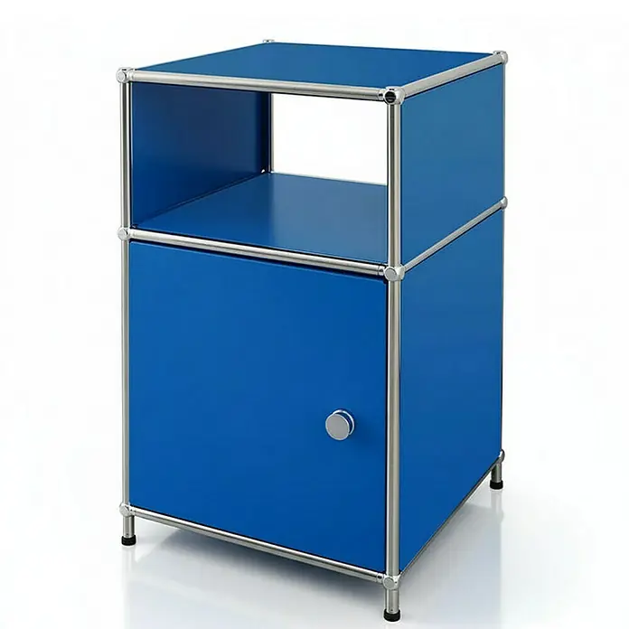 Floordirekt Metallregal Concept Epure MK-040 - 40 x 40 x 65 cm Blau - Anzahl Böden: 3 Stk., Schrauben, Blau - Modernes, blaues USM Haller Sideboard mit Tür und offenem Fach, ideal für stilvolle Aufbewahrungslösungen im Wohnbereich.