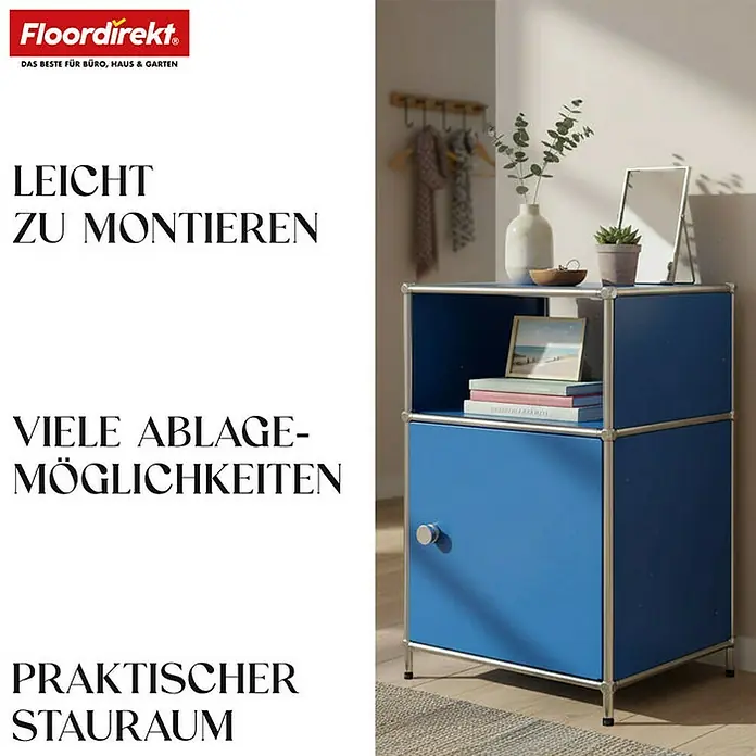Floordirekt Metallregal Concept Epure MK-040 - 40 x 40 x 65 cm Blau - Anzahl Böden: 3 Stk., Schrauben, Blau - Das Bild zeigt ein blaues, modulares Aufbewahrungsmöbelstück von Floordirekt, das leicht zu montieren ist und praktischen Stauraum bietet.