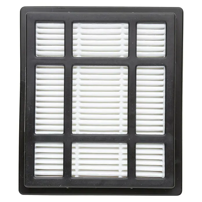 Nilfisk Dauerfilter HEPA 13 - Passend für: Nilfisk Staubsauger One/One Prime/Neo - Das Bild zeigt einen quadratischen Staubsaugerfilter mit einem schwarzen Rahmen und weißen Lamellen, der Staub und Allergene einfängt.