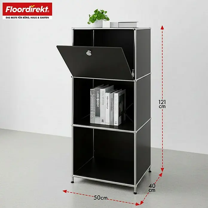 Floordirekt Metallregal Concept Epure MK-107 - 50 x 40 x 121 cm Schwarz - H x B x T: 121 x 50 x 40 cm, Anzahl Böden: 4 Stk., Schrauben, Schwarz - Das Bild zeigt ein modernes, schwarzes Regal mit silbernen Akzenten, bestehend aus drei Würfeln, mit Abmessungen von 121 cm Höhe, 50 cm Breite und 40 cm Tiefe.