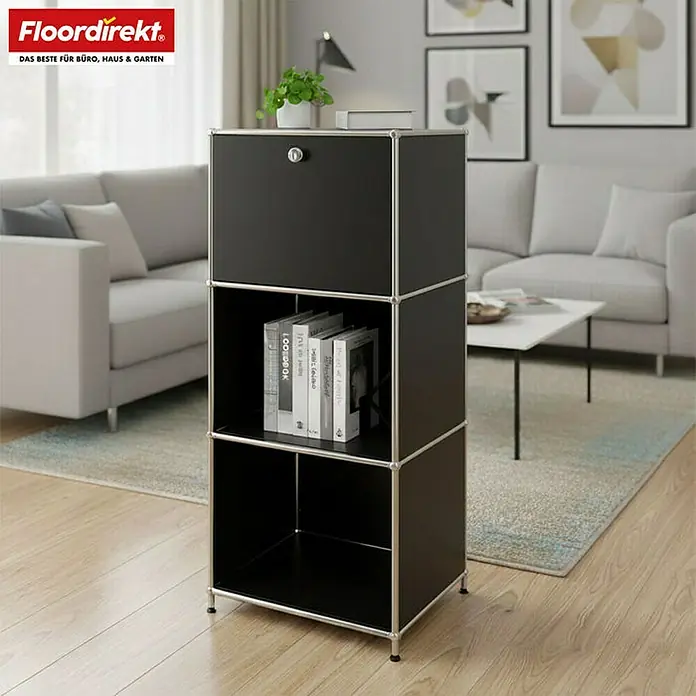 Floordirekt Metallregal Concept Epure MK-107 - 50 x 40 x 121 cm Schwarz - H x B x T: 121 x 50 x 40 cm, Anzahl Böden: 4 Stk., Schrauben, Schwarz - Schwarzes USM Haller Regal mit drei Fächern, ideal für Büro oder Wohnzimmer.