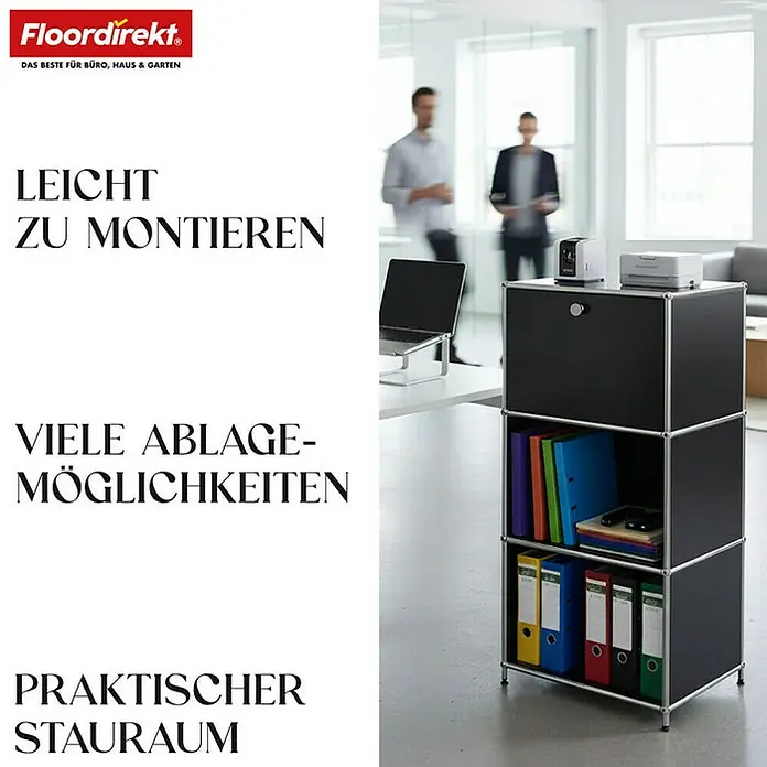 Floordirekt Metallregal Concept Epure MK-107 - 50 x 40 x 121 cm Schwarz - H x B x T: 121 x 50 x 40 cm, Anzahl Böden: 4 Stk., Schrauben, Schwarz - Das Bild zeigt ein schwarzes, dreistöckiges USM Haller Regal mit bunten Ordnern, das für Büro und Zuhause geeignet ist.