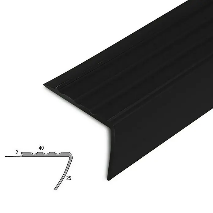 Floordirekt Treppenkantenprofil Toronto 100 cm Schwarz - Kunststoff, Schwarz, 100 x 2,5 cm - Abbildung eines schwarzen Treppenkantenprofils mit gerillter Oberfläche und schematischer Darstellung der Abmessungen.\n