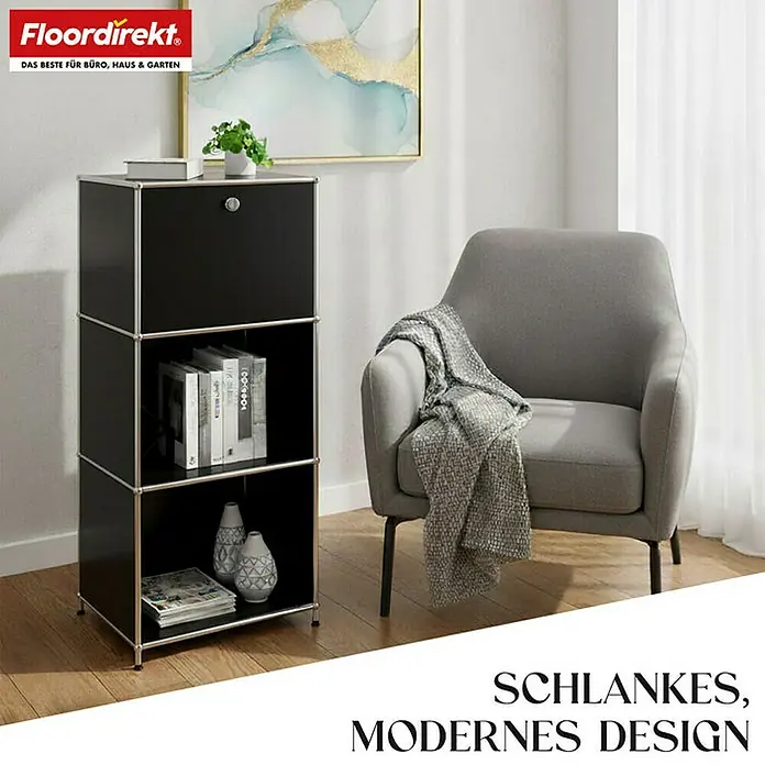 Floordirekt Metallregal Concept Epure MK-107 - 50 x 40 x 121 cm Schwarz - H x B x T: 121 x 50 x 40 cm, Anzahl Böden: 4 Stk., Schrauben, Schwarz - Schwarzes modulares Sideboard mit drei Fächern von Floordirekt. Zeitloses Möbelstück, ideal für Büro und Wohnbereich.
