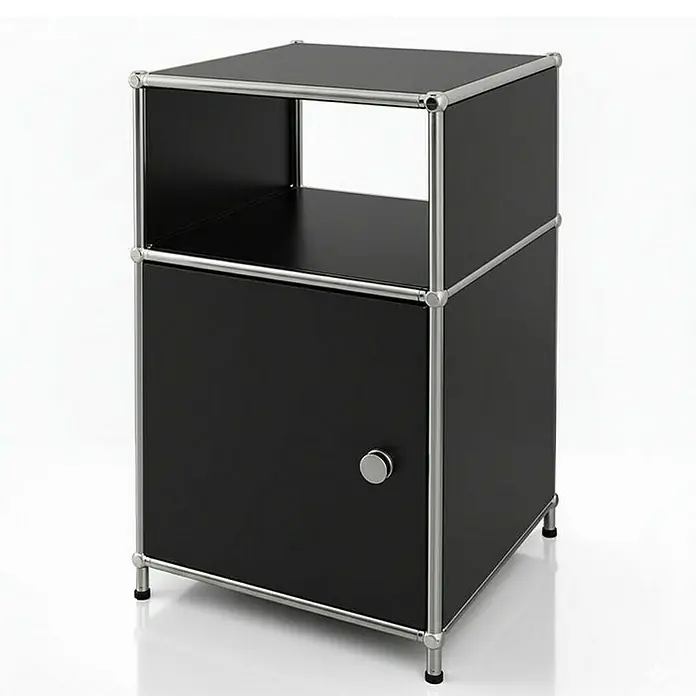 Floordirekt Metallregal Concept Epure MK-040 - 40 x 40 x 65 cm Schwarz - Anzahl Böden: 3 Stk., Schrauben, Schwarz - Schwarzer USM Haller Nachttisch mit offenem Fach und Tür, minimalistisches Design.