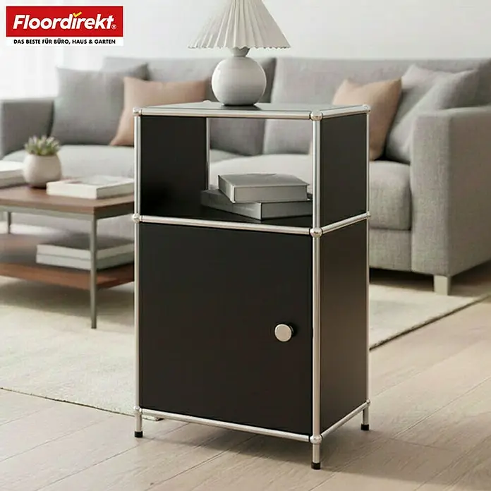 Floordirekt Metallregal Concept Epure MK-040 - 40 x 40 x 65 cm Schwarz - Anzahl Böden: 3 Stk., Schrauben, Schwarz - Ein stilvoller, modularer USM Haller Nachttisch in Schwarz mit verchromtem Gestell, ideal für Büro, Haus und Garten.