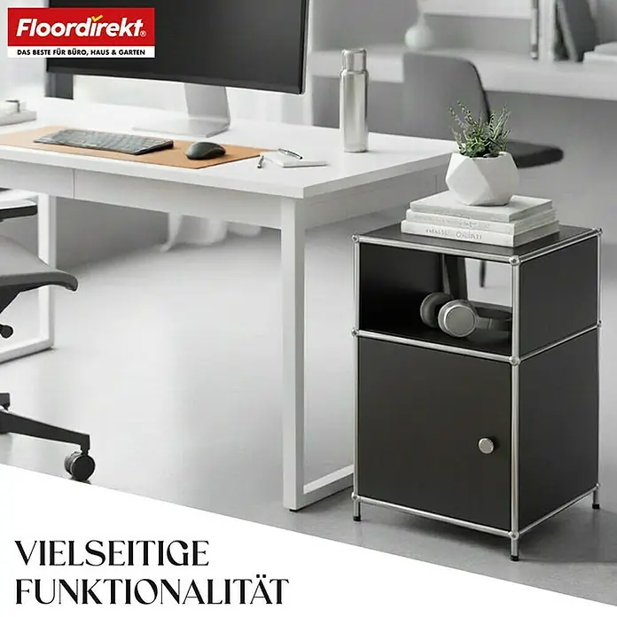 Floordirekt Metallregal Concept Epure MK-040 - 40 x 40 x 65 cm Schwarz - Anzahl Böden: 3 Stk., Schrauben, Schwarz - Elegantes schwarzes Sideboard mit silbernen Akzenten, ideal für Büro oder Zuhause. Praktische Aufbewahrungslösung für jeden Raum.