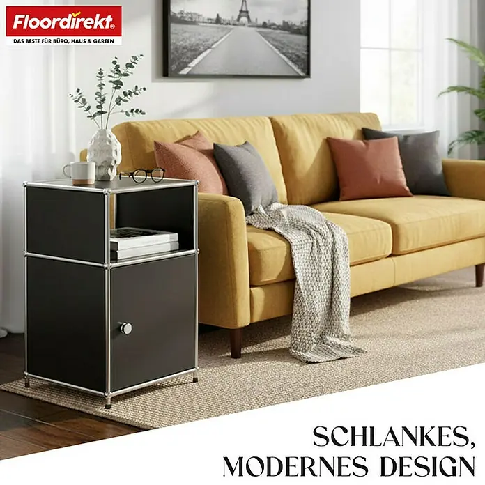 Floordirekt Metallregal Concept Epure MK-040 - 40 x 40 x 65 cm Schwarz - Anzahl Böden: 3 Stk., Schrauben, Schwarz - Schwarzer Nachttisch mit verchromtem Rahmen. Perfekt als Aufbewahrungslösung und stilvolle Ergänzung für jedes moderne Zuhause.