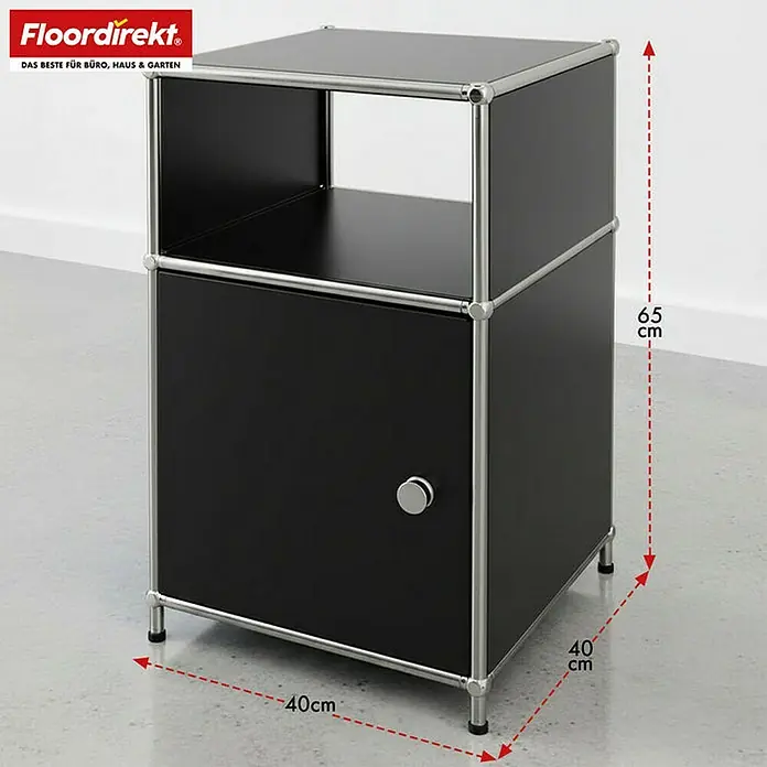 Floordirekt Metallregal Concept Epure MK-040 - 40 x 40 x 65 cm Schwarz - Anzahl Böden: 3 Stk., Schrauben, Schwarz - Schwarzer USM Haller Nachtschrank mit den Maßen 40x40x65 cm. Ein stilvolles und funktionales Möbelstück für Schlafzimmer oder Wohnbereich.