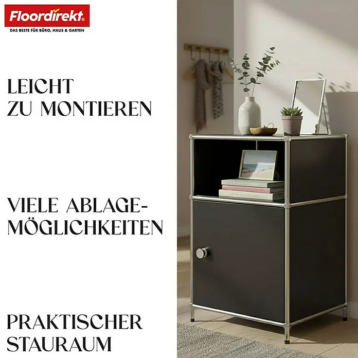 Floordirekt Metallregal Concept Epure MK-040 - 40 x 40 x 65 cm Schwarz - Anzahl Böden: 3 Stk., Schrauben, Schwarz - Das Bild zeigt ein modernes, schwarzes Aufbewahrungsmöbel mit silbernen Akzenten, das sowohl stilvoll als auch funktional ist.
