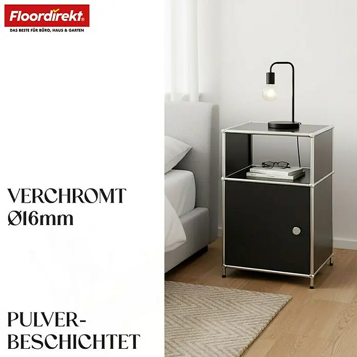 Floordirekt Metallregal Concept Epure MK-040 - 40 x 40 x 65 cm Schwarz - Anzahl Böden: 3 Stk., Schrauben, Schwarz - Elegantes schwarzes Nachtkästchen mit minimalistischem Design und offener Ablagefläche, ideal für moderne Schlafzimmer.