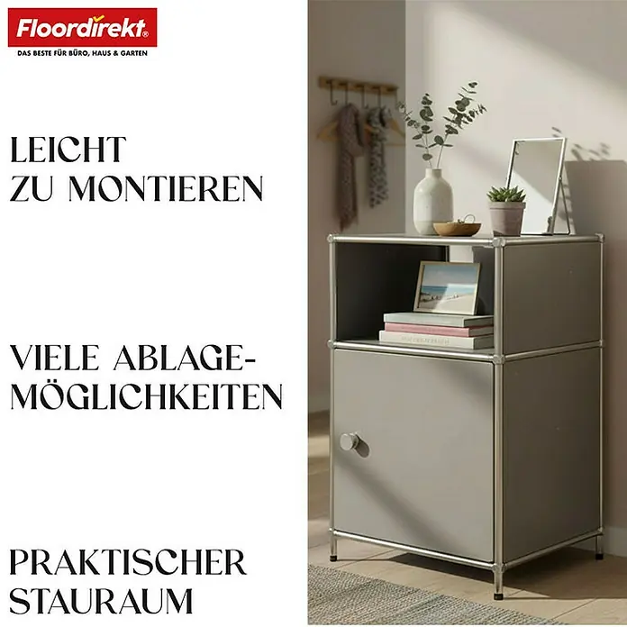 Floordirekt Metallregal Concept Epure MK-040 - 40 x 40 x 65 cm Grau - Anzahl Böden: 3 Stk., Schrauben, Grau - Das Bild zeigt ein graues Regal mit zwei Fächern und einer Tür, das mit Deko-Objekten versehen ist.