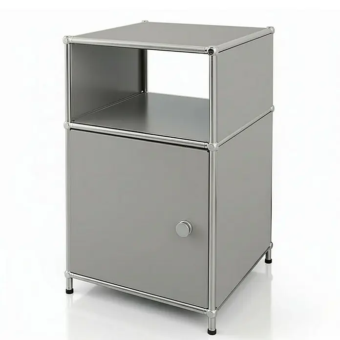 Floordirekt Metallregal Concept Epure MK-040 - 40 x 40 x 65 cm Grau - Anzahl Böden: 3 Stk., Schrauben, Grau - Ein grauer USM Haller Nachttisch mit einer Tür und einem offenen Fach, ideal für moderne Schlafzimmer.