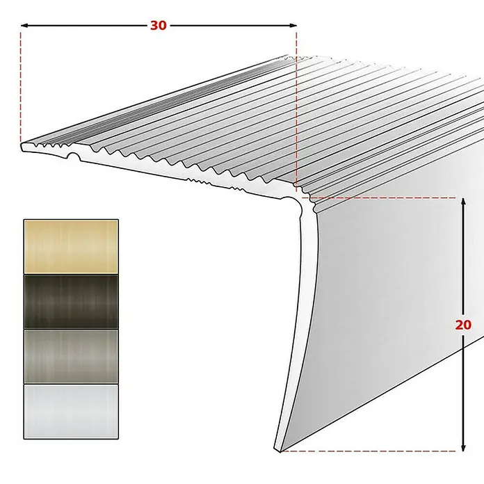 Floordirekt Treppenkantenprofil Integral 90 x 3 x 2 cm Champagner - Aluminium, Champagner - Profilansicht einer Treppenkante mit Maßangaben. Das Profil hat eine Breite von 30 und eine Höhe von 20.