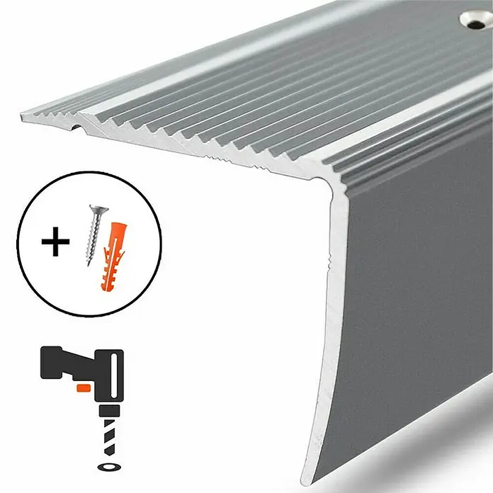 Floordirekt Treppenkantenprofil Integral Vorgebohrt 90 x 3 x 2 cm Silber - Aluminium, Silber - Aluminium-Treppenkantenprofil mit Schrauben und Dübel zur sicheren Montage auf Treppenstufen.