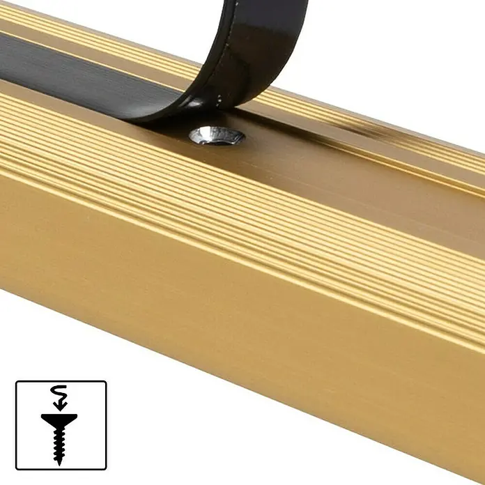 Floordirekt Treppenkantenprofil Glory 100 cm Gold - Aluminium, Gold, 100 x 1,7 cm, Eloxiert - Detailansicht einer goldenen Treppenkantenprofils mit Schraube und Symbol, das die Montage mit Schrauben zeigt.