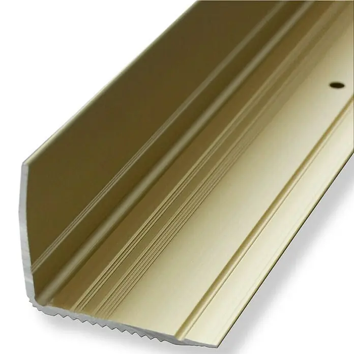 Floordirekt Treppenkantenprofil Integral Vorgebohrt 100 x 3 x 2 cm Gold - Aluminium, Gold - Nahaufnahme einer goldfarbenen Teppichkralle aus Metall mit geriffelter Kante und einer Schraubenbohrung.