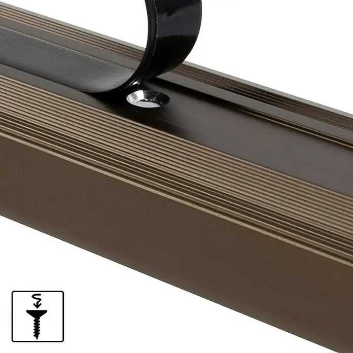 Floordirekt Treppenkantenprofil Glory 134 cm Bronze Dunkel - Aluminium, Bronze Hell, 134 x 1,7 cm, Eloxiert - Detailaufnahme einer braunen Aluminium-Übergangsleiste mit abziehbarer Schutzfolie und Schrauben-Symbol für die Befestigung.