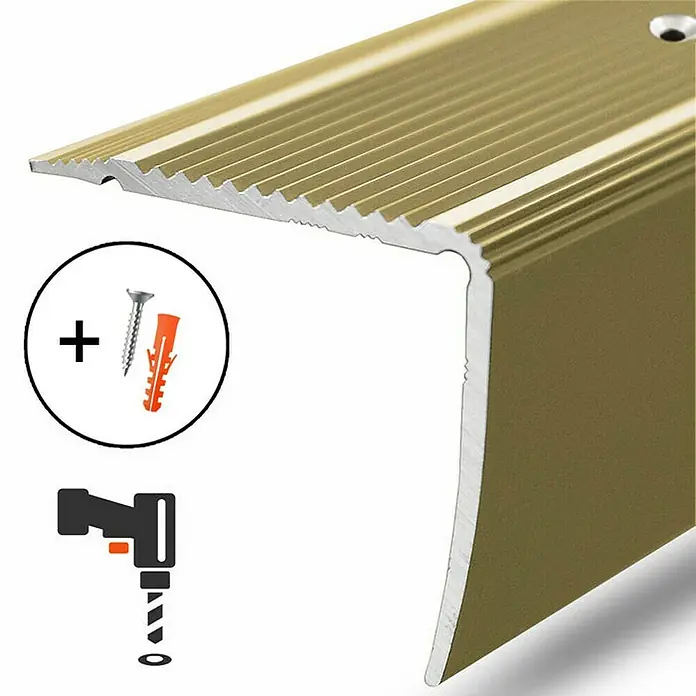 Floordirekt Treppenkantenprofil Integral 90 x 3 x 3,5 cm Gold - Aluminium, Gold, 90 x 3,5 cm - Eine goldfarbene Treppenkantenprofil mit Schrauben und Dübel zur einfachen und sicheren Montage auf Treppenstufen.