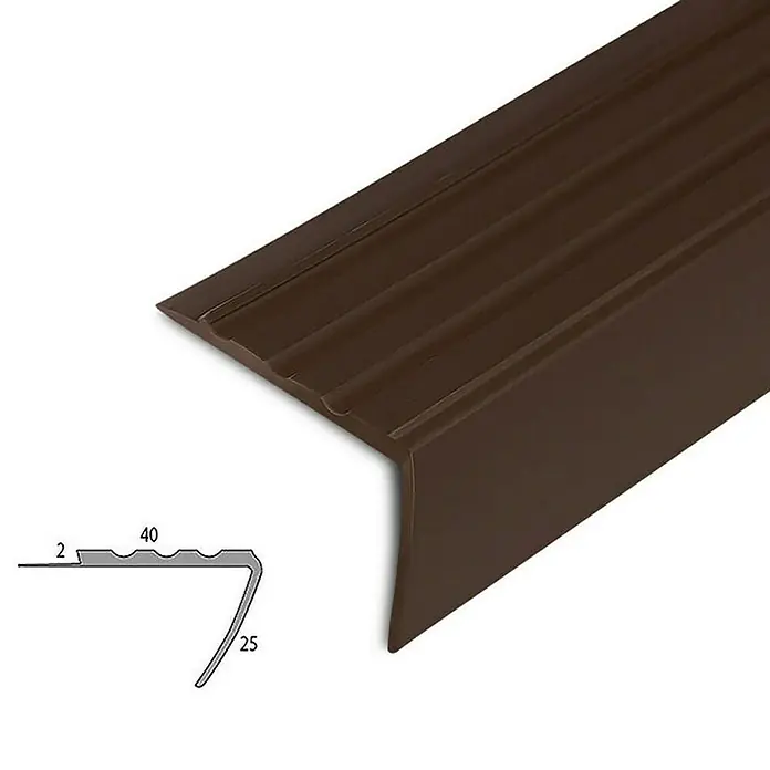 Floordirekt Treppenkantenprofil Toronto 120 cm Braun - Kunststoff, Braun, 120 x 2,5 cm - Braune Treppenkantenprofil mit geriffelter Oberfläche und schematischer Darstellung der Abmessungen für den Treppenbau.