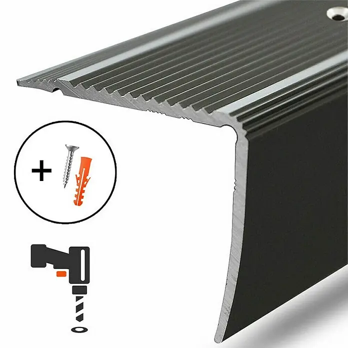 Floordirekt Treppenkantenprofil Integral Vorgebohrt 90 x 3 x 2 cm Bronze - Aluminium, Bronze - Bild eines rutschfesten Treppenprofils aus Aluminium mit Zubehör zur einfachen Montage.
