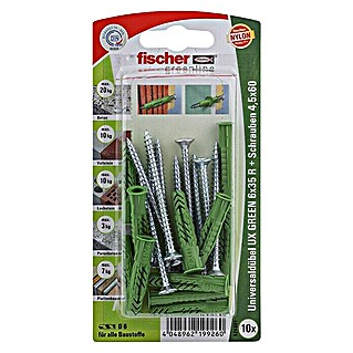 Fischer Greenline Universaldübel-Set UX 6 x 35 R S GREEN K (Durchmesser Dübel: 6 mm, Länge Dübel: 35 mm, 10 Stk., Mit Rand, Spanplattenschraube)