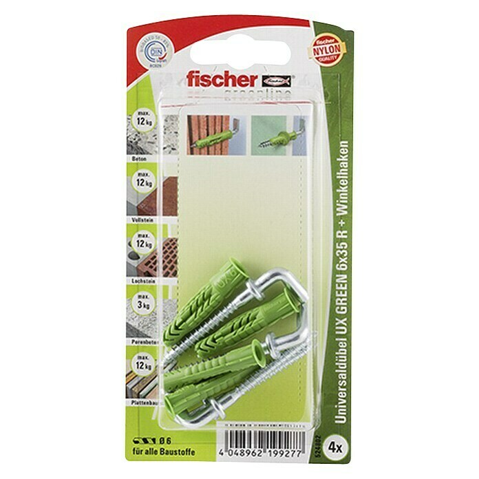 Fischer Greenline Universaldübel-Set UX 6 x 35 R WH GREEN KØ x L: 6 x 35 mm, Winkelhaken, Nylon, 4 Stk. Front View