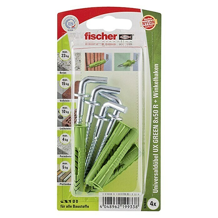 Fischer Greenline Universaldübel-Set UX 8 x 50 R WH GREEN KØ x L: 8 x 50 mm, Winkelhaken, Nylon, 4 Stk. Front View