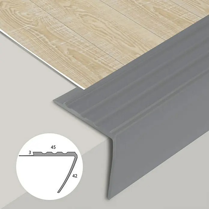 Floordirekt Treppenkantenprofil Michigan 120 cm Grau - Kunststoff, Grau, 120 x 4,2 cm - Graues Treppenkantenprofil mit geriffelter Oberfläche und Querschnittdarstellung, ideal für sichere und stilvolle Treppenabschlüsse.