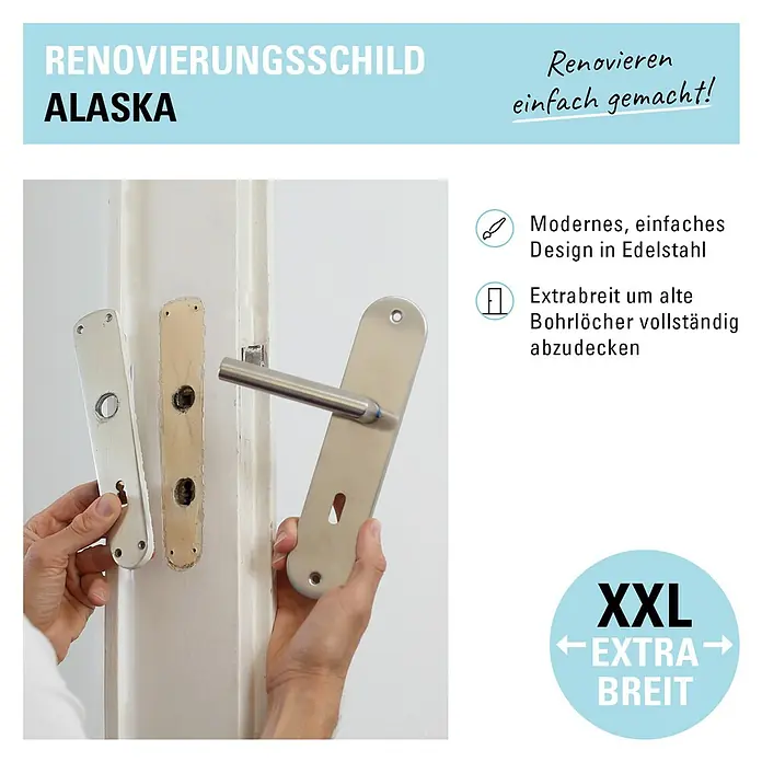 Diamond Doors Modern Zimmertürgarnitur WC Alaska - Edelstahl, Stärke Tür: 38 mm - 45 mm, Schlitzkopf/Olive - Renovierungsschild Alaska in Edelstahl. Modernes Design, extra breit zur Abdeckung alter Bohrlöcher. Ideal für Renovierungen.