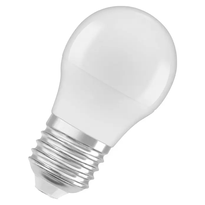 Osram Smart+ Smart-LED-Lampe matter - E27, Dimmbar, RGBW, 470 lm, 4,9 W - Nahaufnahme einer LED-Glühbirne mit weißem Diffusor und silbernem Sockel vor schwarzem Hintergrund.