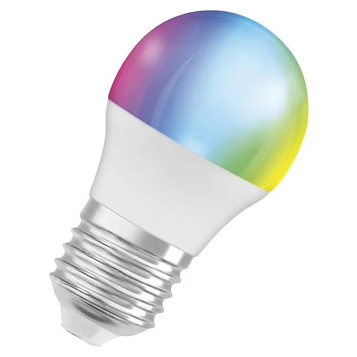Osram Smart+ Smart-LED-Lampe matter - E27, Dimmbar, RGBW, 470 lm, 4,9 W - Nahaufnahme einer intelligenten LED-Lampe mit Farbwechsel und Standard-E27-Sockel, ideal für stimmungsvolle Beleuchtung.