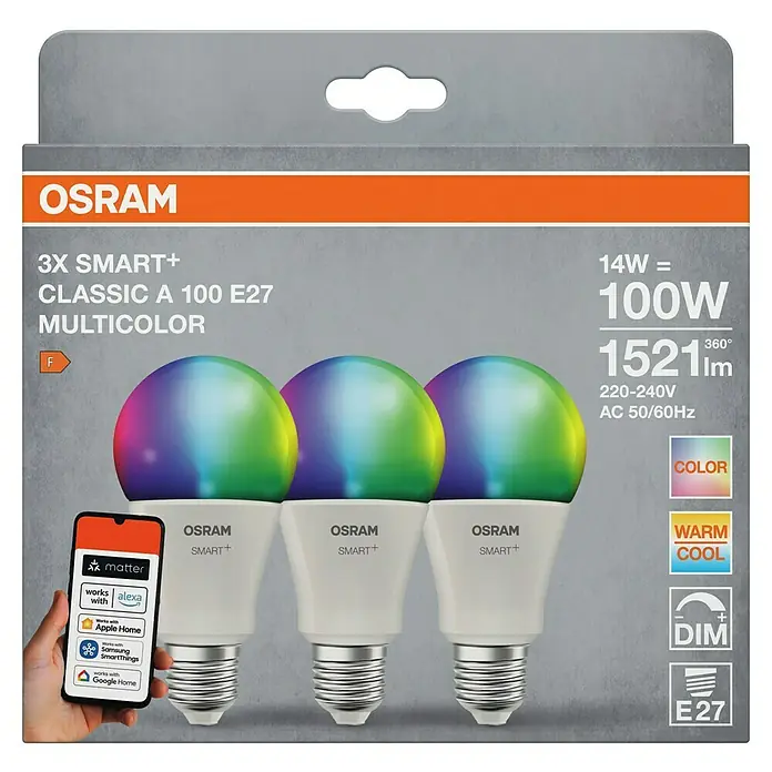 Osram Smart+ Smart-LED-Lampe matter - E27, Dimmbar, RGBW, 1.521 lm, 14 W, 3 Stk. - Abbildung einer Osram Smart+ Classic A 100 E27 Multicolor-Glühbirne, die intelligente Beleuchtung für Ihr Zuhause bietet.