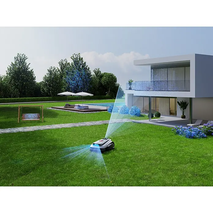 Ecovacs Goat Mähroboter A3000 LiDAR Pro - 3.000 m², Schnittbreite: 33 cm, Laser-gestützte Navigation, LiDAR - Intelligenter Mähroboter in Aktion auf einem grünen Rasen vor einem modernen Haus.