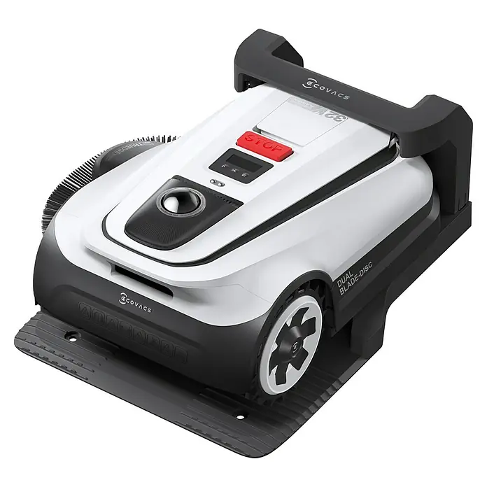 Ecovacs Goat Mähroboter A3000 LiDAR Pro - 3.000 m², Schnittbreite: 33 cm, Laser-gestützte Navigation, LiDAR - Bild eines Ecovacs GOAT GX-600 Mähroboters mit weißem Gehäuse, schwarzen Akzenten und einem markanten roten Stoppknopf.