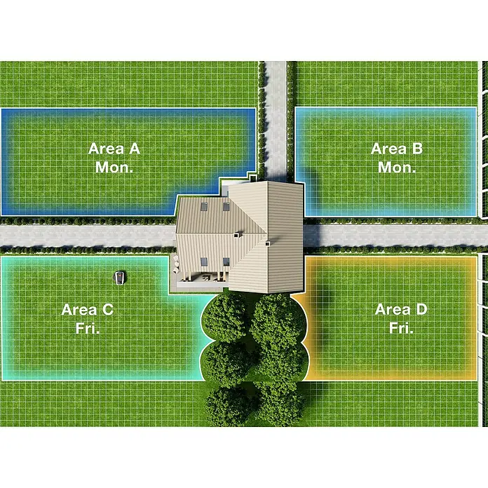 Ecovacs Goat Mähroboter O1200 LiDAR Pro - 1.200 m², Schnittbreite: 22 cm, Laser-gestützte Navigation, LiDAR - Rasenflächen A, B (Mo.) und C, D (Fr.) umgeben ein Haus mit Rasenmäherroboter.