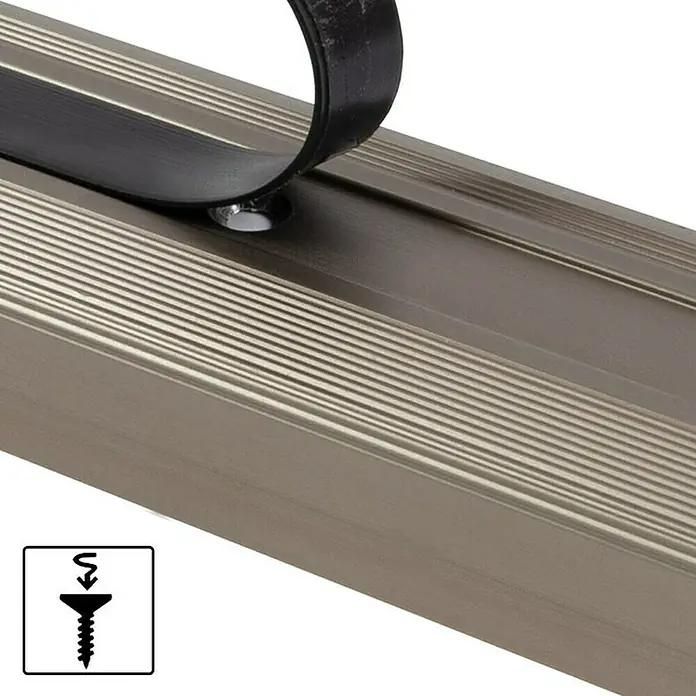 Floordirekt Treppenkantenprofil Glory 100 cm Bronze Hell - Aluminium, Bronze Dunkel, Eloxiert - Detailaufnahme einer Montageleiste aus Aluminium mit Befestigungsschraube und Montageanleitung, ideal für die sichere Installation.