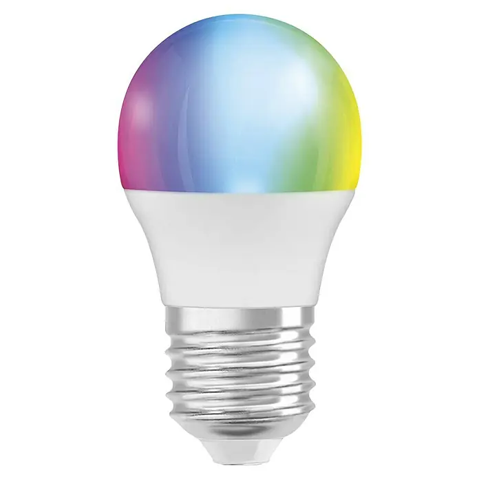Osram Smart+ Smart-LED-Lampe matter - E27, Dimmbar, RGBW, 470 lm, 4,9 W - Nahaufnahme einer intelligenten LED-Lampe mit Farbwechsel, die für stimmungsvolle Beleuchtung und Energieeffizienz sorgt.