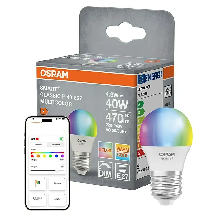 Osram Smart+ Smart-LED-Lampe matter - E27, Dimmbar, RGBW, 470 lm, 4,9 W - Intelligente LED-Lampe von Osram, Modell Smart+ Classic P 40 E27 Multicolor, mit Smartphone-App-Steuerung für Farbe und Helligkeit.
