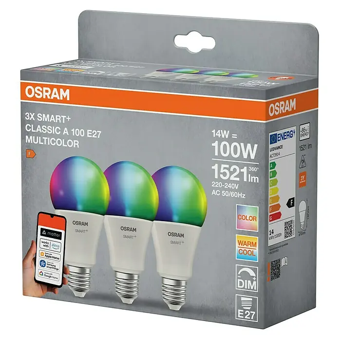 Osram Smart+ Smart-LED-Lampe matter - E27, Dimmbar, RGBW, 1.521 lm, 14 W, 3 Stk. - Verpackung von Osram Smart+ Classic A 100 E27 Multicolor-Glühbirnen (3er-Pack) mit technischen Details und Smart-Home-Kompatibilität.