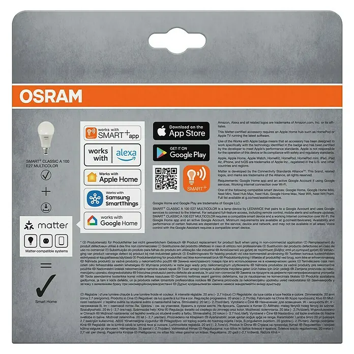Osram Smart+ Smart-LED-Lampe matter - E27, Dimmbar, RGBW, 1.521 lm, 14 W, 3 Stk. - OSRAM SMART+ Classic A 100 E27 Multicolor Lampe, kompatibel mit Matter, Smart App, Alexa, Apple Home, Samsung SmartThings und Google Home.